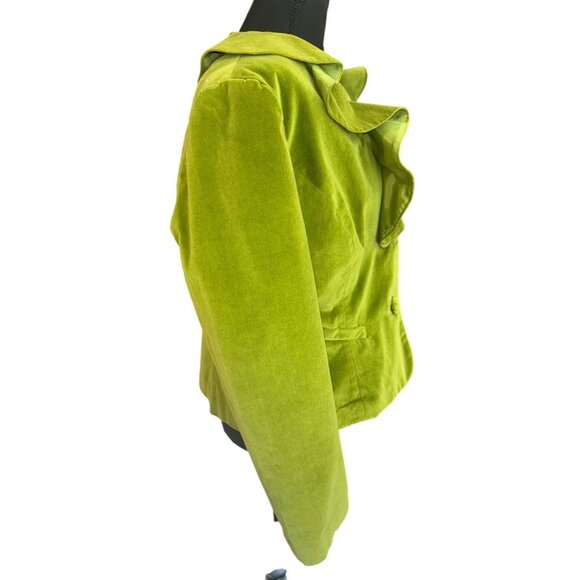 New Metrostyle Lime Green Ruffle Velvet Button-Up Jacket Blazer Women 14 Luxury - Picture 3 of 9
